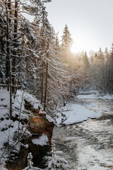 river in snowy and sunset winter
