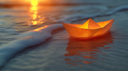 paper boat in shallow water of sea at sunset, space for text.  Freedom, dreams and fantasies concept