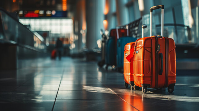 Travel concept:  luggage suitcases waiting to be checked in at the airport