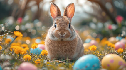 Fototapeta na wymiar Curious Easter Bunny Surrounded by Colorful Eggs on Grass