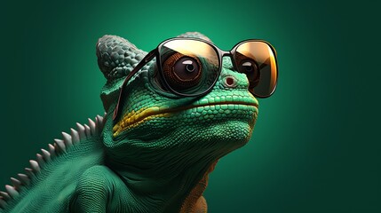 Chameleon sporting trendy sunglasses on dark green background. Realistic 3D illustration.