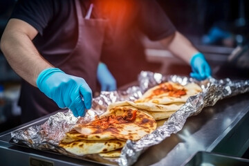 male hands in disposable gloves cook vegetarian shawarma in corn pita bread. street food - obrazy, fototapety, plakaty