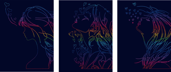 outline silhouette of colored girls in lgbt style, rainbow paintings and postcards in thin outline