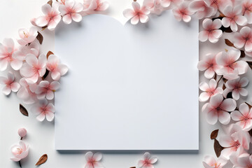 Blank card with sakura flowers on white background, top view