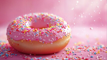 delicious pink donut with sprinkles on a pink background