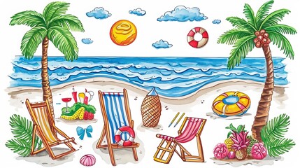 Illustration set of summer vacation felt tip pen childlike drawings isolated on white background.