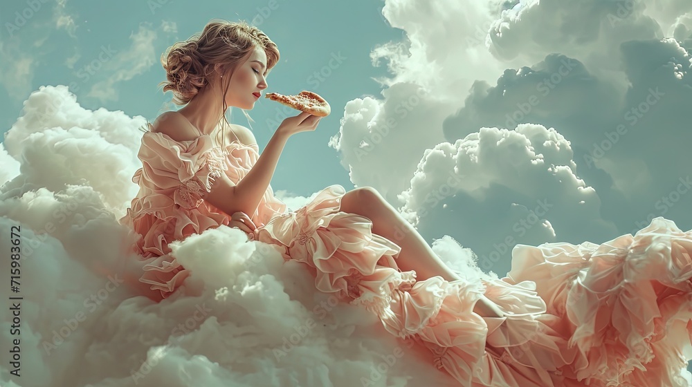 Wall mural Dreaming beautiful Young woman in a chic luxury airy dress sits on a cloud and eats pizza, like in a dream