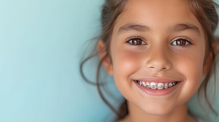 Indian beautiful little girl in braces smiles happily. Taking care of dental health, oral hygiene. Advertising for pediatric dentistry. Blue background - obrazy, fototapety, plakaty