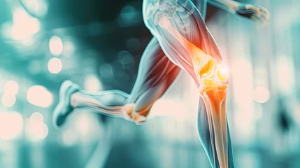 Fotobehang 2 D Illustration of a running man with painful knee joint highlighted, kneecap, 3D rendering. Problem of joint diseases, medical topics. Painful joints  © Natalia S.