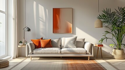 Modern designer cozy living roomwith terracotta color in white color with a beige sofa, picture, plant, window and table	