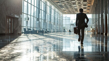 A businessman with work documents in his hands runs in corridor and hurries to a work meeting