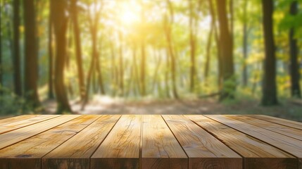 Wooden board on a green forest with the sun's rays through the forest, background for placement and display of products