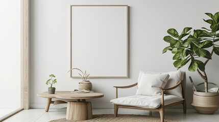 Modern natural simple interior living room with copy space empty white frame for text on the wall	