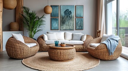 Interior design cozy living room with a rattan sofa and two quality rattan wicker armchairs, a wicker carpet and a blue paintings