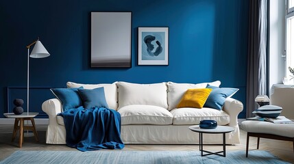 Modern designer living room in blue wall with a white sofa, painting and table