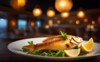 Delicious  fried fish on the white plate against the  blurred backdrop of a restaurant by the sea