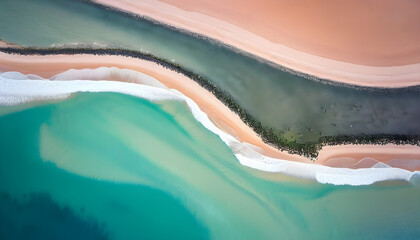 Minimalistic aerial  illustration blue ocean , bank peach and green seascape from high . Abstract background