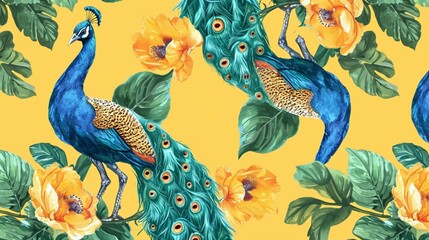 Green Peacocks on Bright Yellow Background Pattern