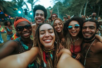 Group of friends taking selfie shot at music festival, Generative AI illustration
