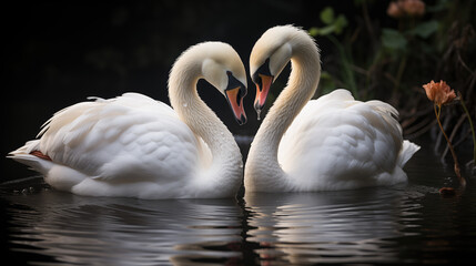 Fototapeta premium Image of two loving white swans in a heart shape in the water