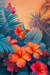 Fototapeta na wymiar Tropical pop art collage art, vinateg style, vibrant colors, Generative AI