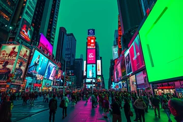 Foto op Canvas Helicopter Night Tour Illuminated Times Square with Green Screen Mock Up Advertising Templates and Tourists Enjoying © Khalif