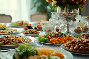 Fototapeta na wymiar Iftar Ramadan Dinner Table Setting with Food. Photo generative AI