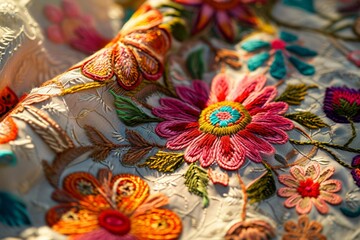 Obraz na płótnie Canvas Indian Embroidery, A Colorful Floral Design in Warm Sunlight