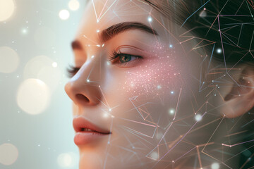 Portrait beauty woman clear skin with face tracking technology and science,facial treatment,botox,filler,scan security,skin care,cosmetic,beauty technology. beauty concept.