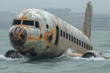 A colossal airplane lies still in the vast ocean, its metallic frame surrounded by the serene outdoor expanse, a striking juxtaposition of man-made technology and natural elements