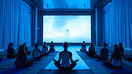 Organize a unique yoga retreat in the cinema. Use the white screen for guided meditation visuals, and let participants practice yoga in the tranquil blue environment. Generative AI - obrazy, fototapety, plakaty