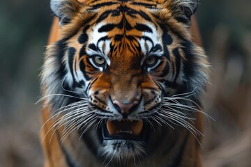 Fototapeta premium A majestic bengal tiger roars fiercely, revealing its sharp teeth and powerful snout, its fur glistening in the sunlight as it commands attention in the wild