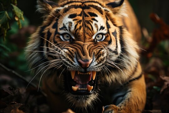 A majestic bengal tiger bares its razor-sharp teeth, exuding power and grace as it roams through the wild with its sleek fur and striking whiskers