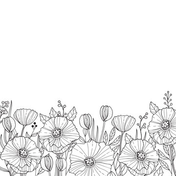 Luxury botanical background with trendy wildflowers and minimalist flowers for wall decoration or wedding. Hand drawn line herb, elegant leaves for invitation save the date card. Botanical rustic