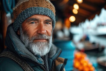 Obraz premium A rugged man with a well-groomed beard and stylish hat stands confidently on a bustling street, his face weathered with wrinkles and a distinguished moustache, embodying the perfect blend of urban fa