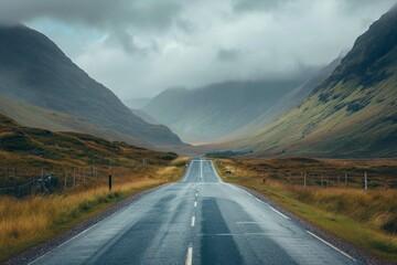 Lonely automobile going along asphalt roadway on background of amazing highlands