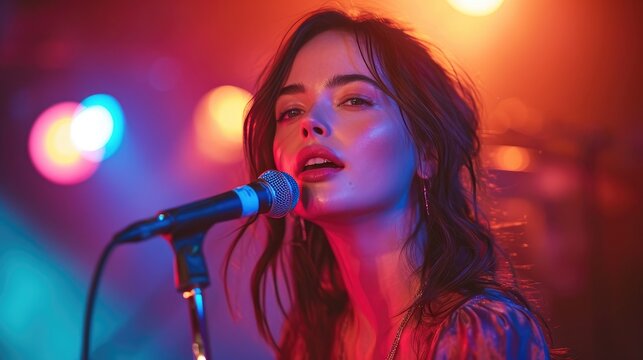 A captivating female artist enchants the audience with her powerful vocals as she takes the stage at a vibrant concert, belting out her popular pop songs into a sleek microphone