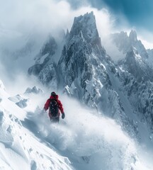 A lone mountaineer in a bright red jacket braves the treacherous snowy terrain, guided only by the foggy summit in the distance, determined to conquer the mountain and its glacial landforms with thei