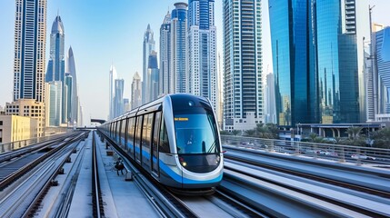Metro railway among among glass skyscrapers in Dubai. Traffic on street in Dubai. Museum of the Future in Dubai. Cityscape skyline. Urban background.