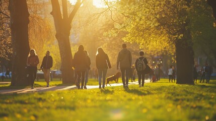 People walking through the park in the Spring sun