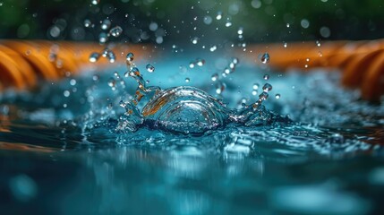 A mesmerizing moment frozen in time as water splashes against itself, creating a fluid bubble with a single droplet, a reflection of the ever-changing beauty of nature's rain