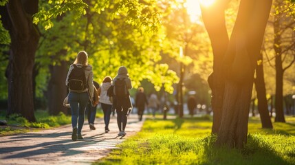 Obraz premium People walking through the park in the Spring sun