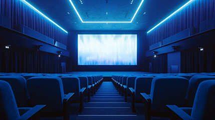 
An unoccupied cinema space bathed in blue lighting, featuring a blank white screen. A mockup of the hall with no people in the auditorium.