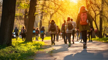 People walking through the park in the Spring sun