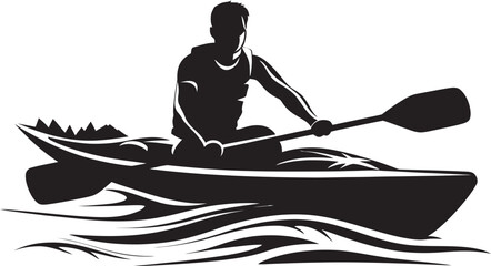 Cascade Voyager Black Icon of a Man Kayaking Amidst Flowing Waters Aquatic Ascent Vector Logo Illustrating a Kayaker’s Journey in Bold Black