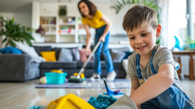 Children at home playing and cleaning