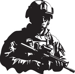 Urban Warfare Defender Vector Icon of a Soldier with a Gun in a City Setting Spec Ops Guardian Sleek Black Logo Depicting a Special Operations Soldier with a Gun