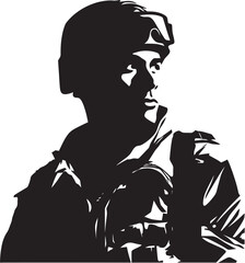 Camo Avenger Vector Logo of a Military Man with a Gun in Camouflage Night Ops Sniper Black Icon Illustrating a Military Marksman Aiming with Precision