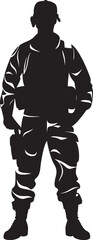 Camo Enforcer Vector Logo Featuring a Soldier with a Gun in Military Camouflage Tactical Guardian Black Icon Illustrating the Vigilance and Readiness of a Military Professional