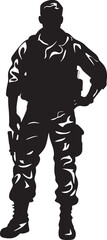 Camo Enforcer Sleek Black Logo Illustrating a Soldier with a Gun in Military Camouflage Rapid Response Defender Vector Icon of a Military Professional Ready for Immediate Action